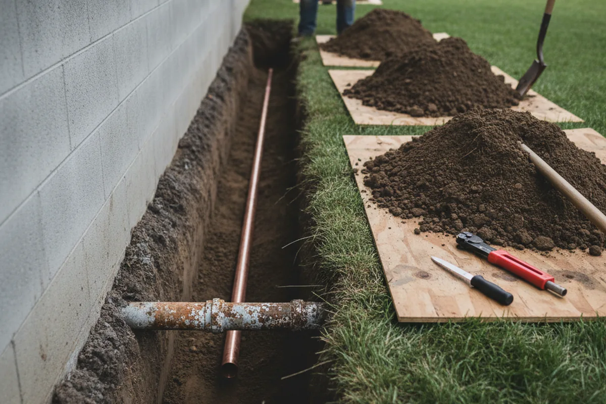 Excavated water line trench during Sewer Line Repair in Delong